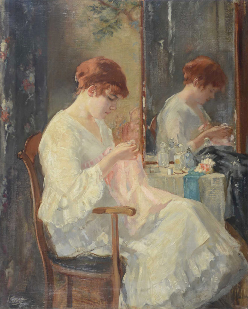 Interieur met handwerkende vrouw voor kaptafel’, olieverf op doek, 76,5 x 60,5 cm - na 1914, Singer Laren, legaat uit particulier bezit 2012